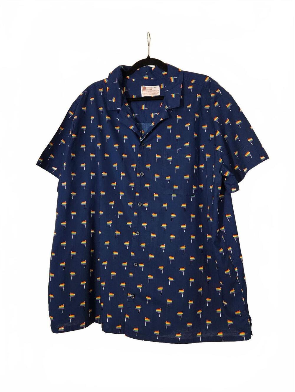 Men's XXL Navy Blue Short Sleeve Button-Up Shirt with Rainbow Flag Print-Pride